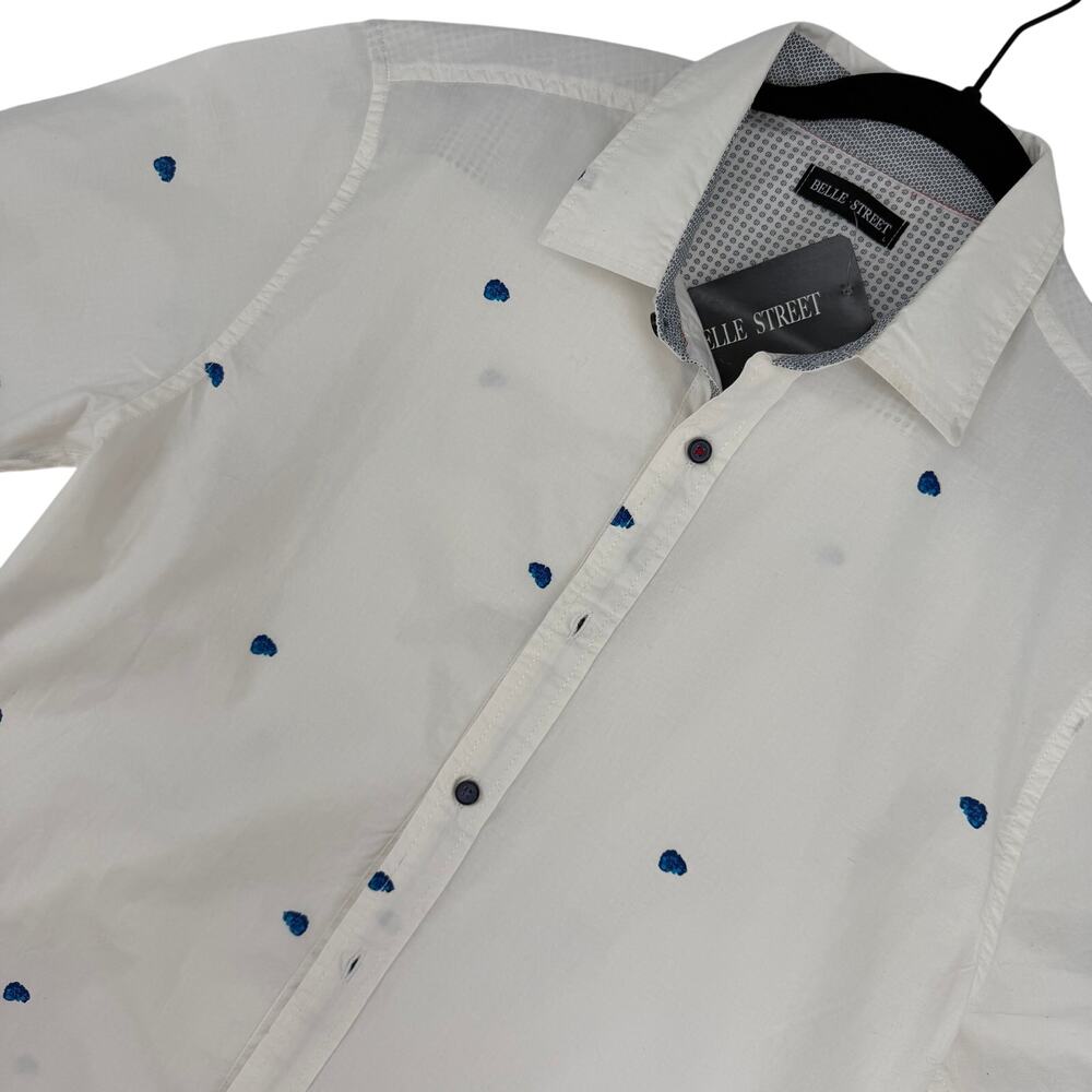 Belle Street White Blue Dot Pattern Button Up Short Sleeve Casual Shirt L NWT